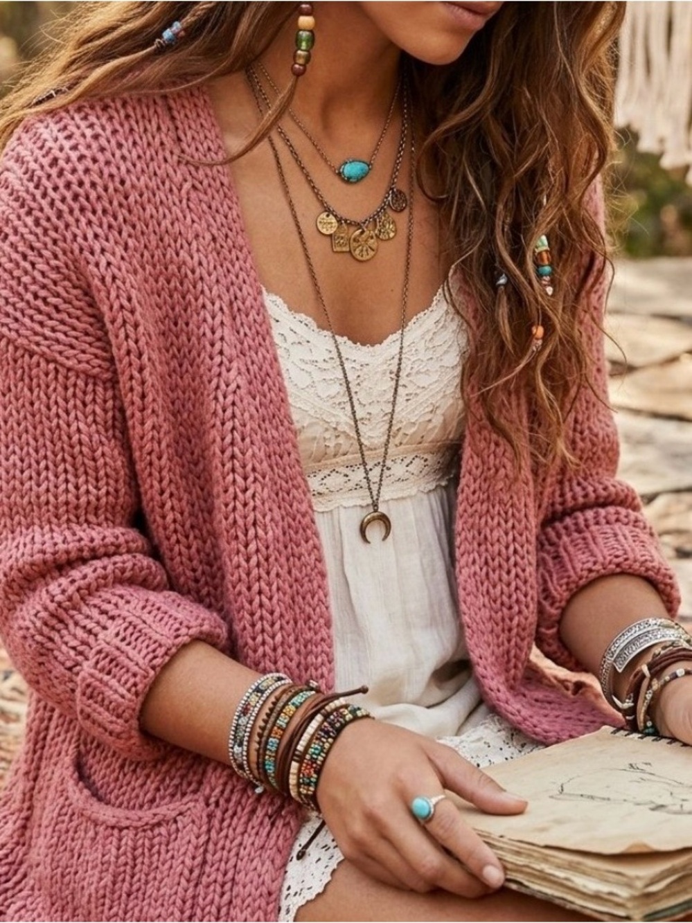 Free People Simply Sienna Chunky Open-Front Cardigan - Dusty Rose Size Large